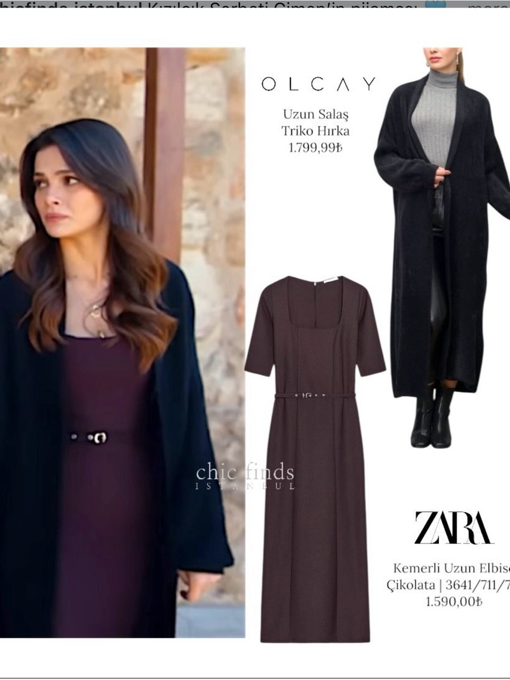 Zara Chocolate Brown Long Belted Maxi Dress with Black Cardigan